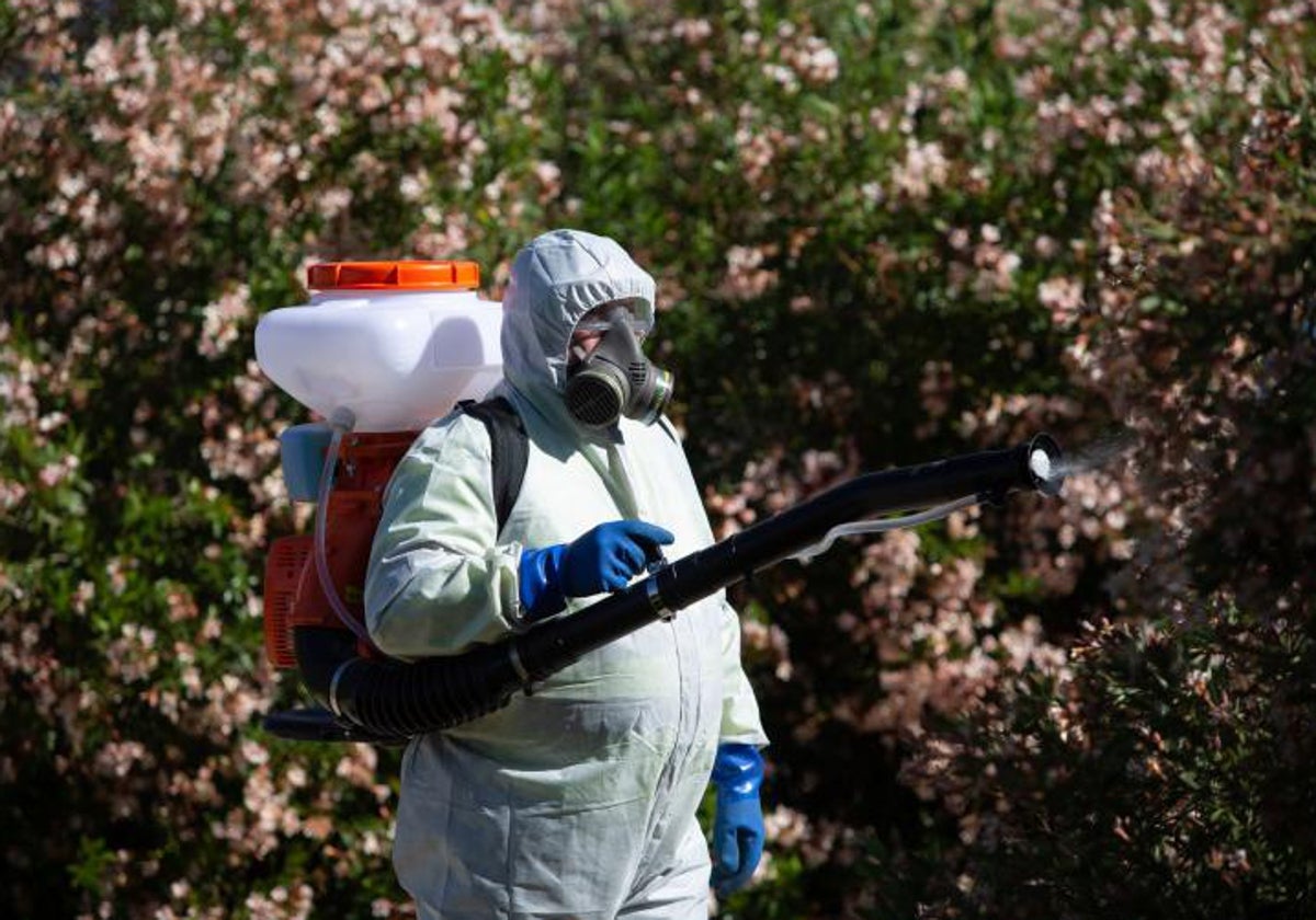 Un operario fumigando para prevenir la acción de los mosquitos del virus del Nilo