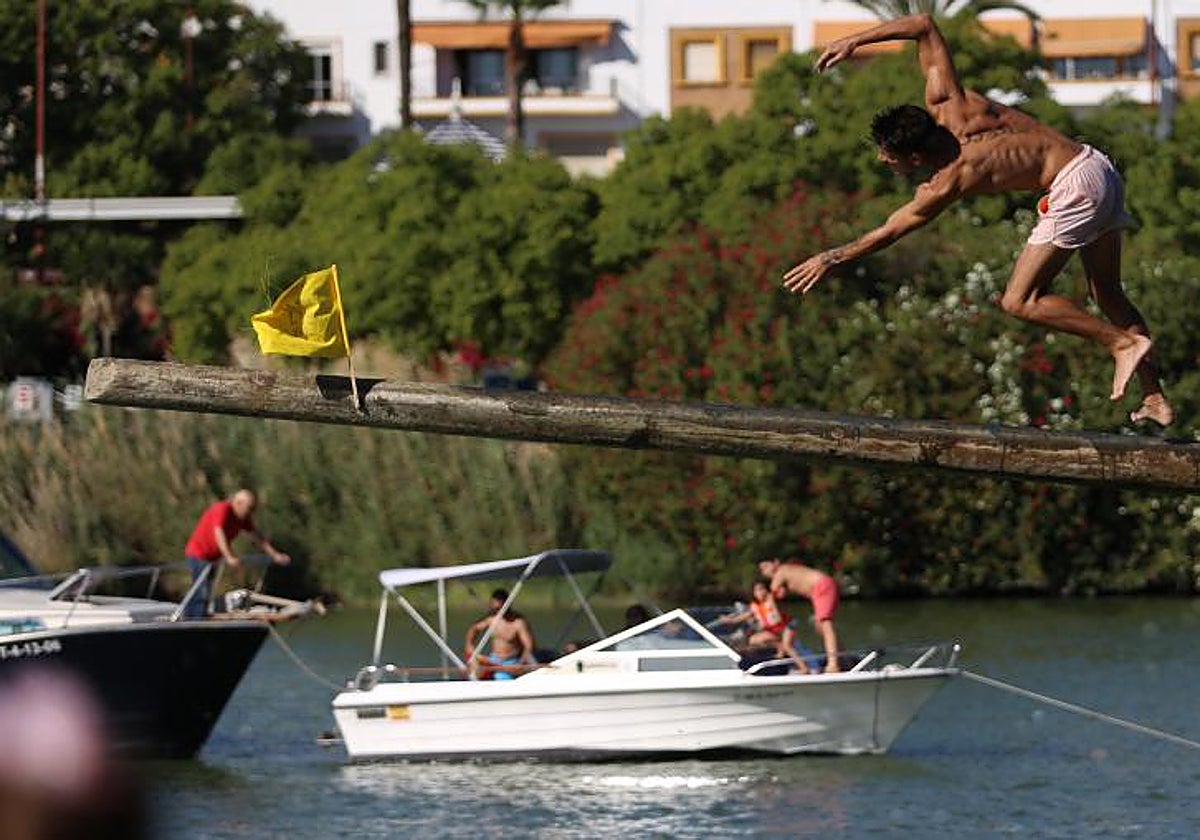 Una persona intentando coger la bandera en la cucaña