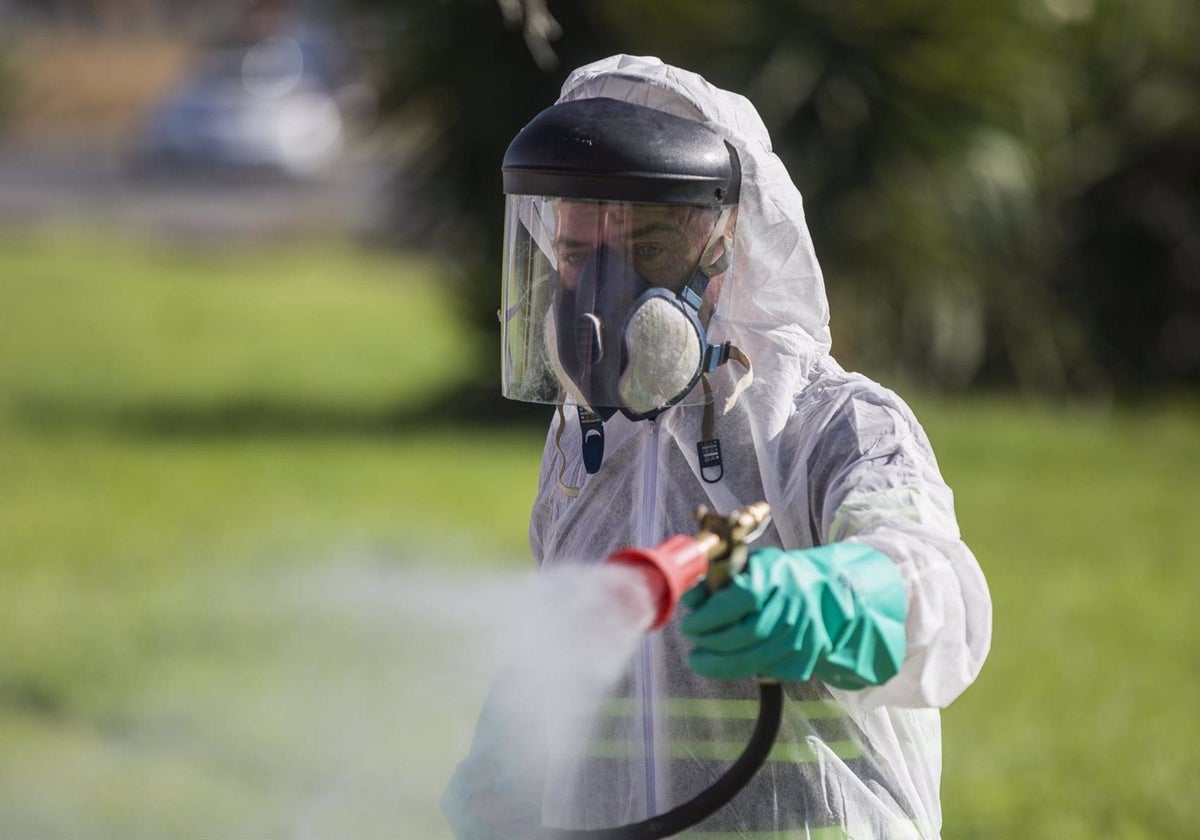 Un trabajador durante las labores de fumigación contra los mosquitos causantes del virus del Nilo en una imagen de archivo