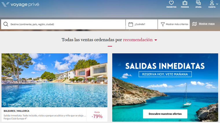 Página de inicio de la web de Voyage Privé, la mejor valorada por los viajeros encuestados por la OCU