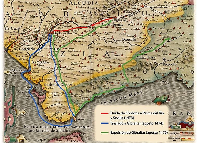 Desplazamiento de los conversos desde Córdoba a Sevilla y posteriormente a Gibraltar, y salida de Gibraltar hacia Sevilla, Cordoba, Málaga y Granada