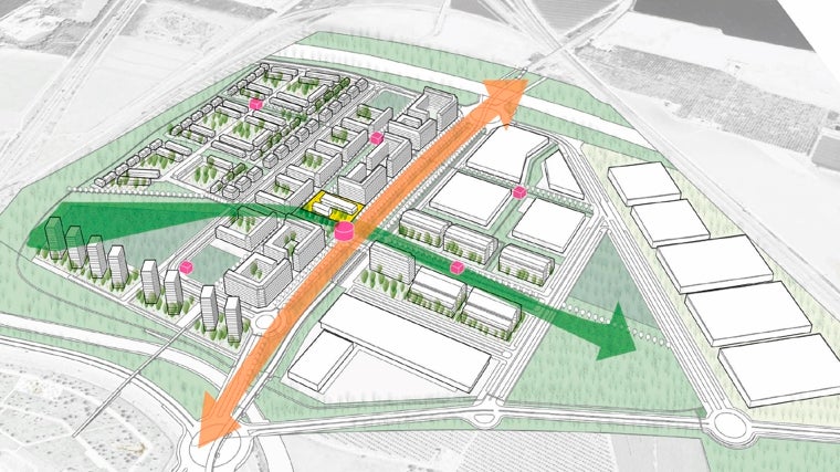 Las dos zonas en las que se dividirá el Distrito Tecnológico: la residencial a la izquierda y la empresarial a la derecha