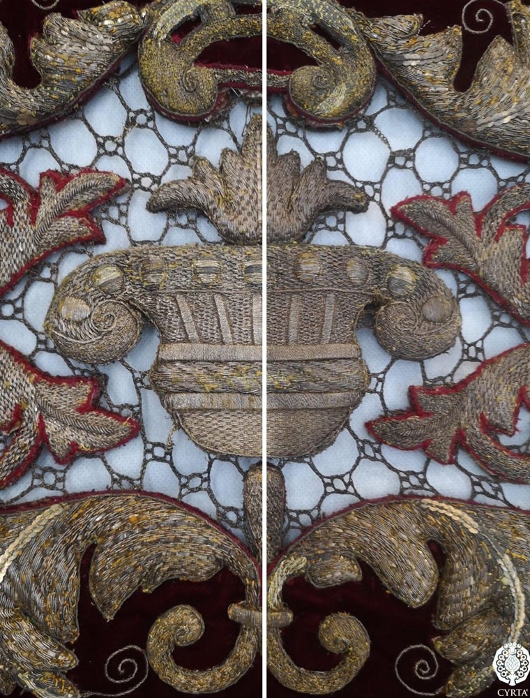 Antes y después en los bordados del palio del Calvario