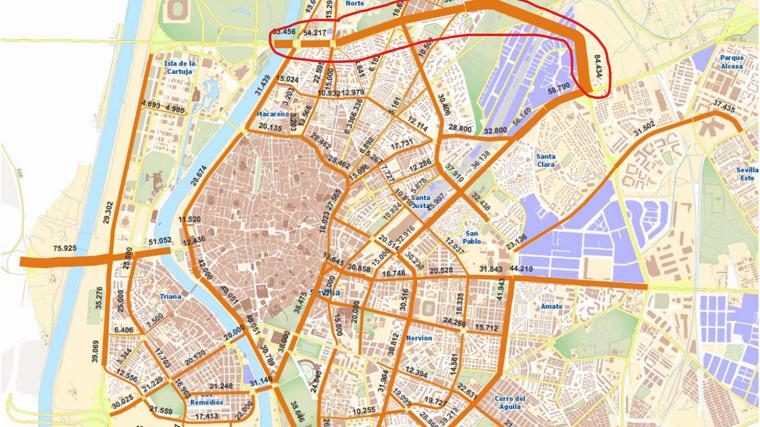 Las diez calles y avenidas de Sevilla con más tráfico: de la Ronda Urbana Norte a la avenida de Andalucía