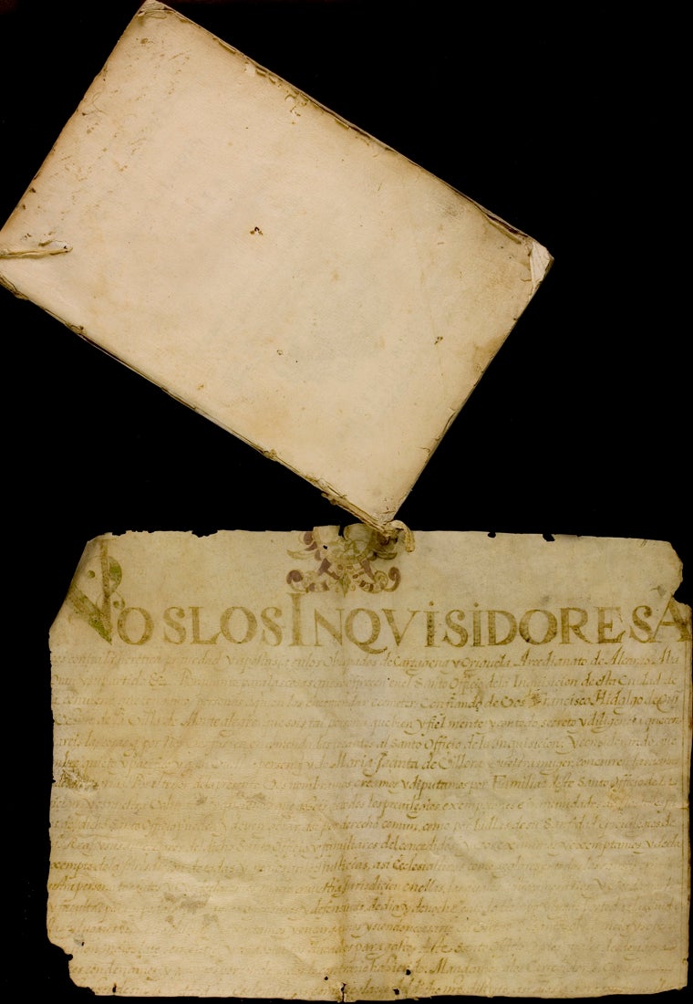 El segundo documento de la Inquisición tal y como apareció después de haberse usado como cubierta para un libro de medicina de Manuel Tissot publicado en Venecia en el año 1769.