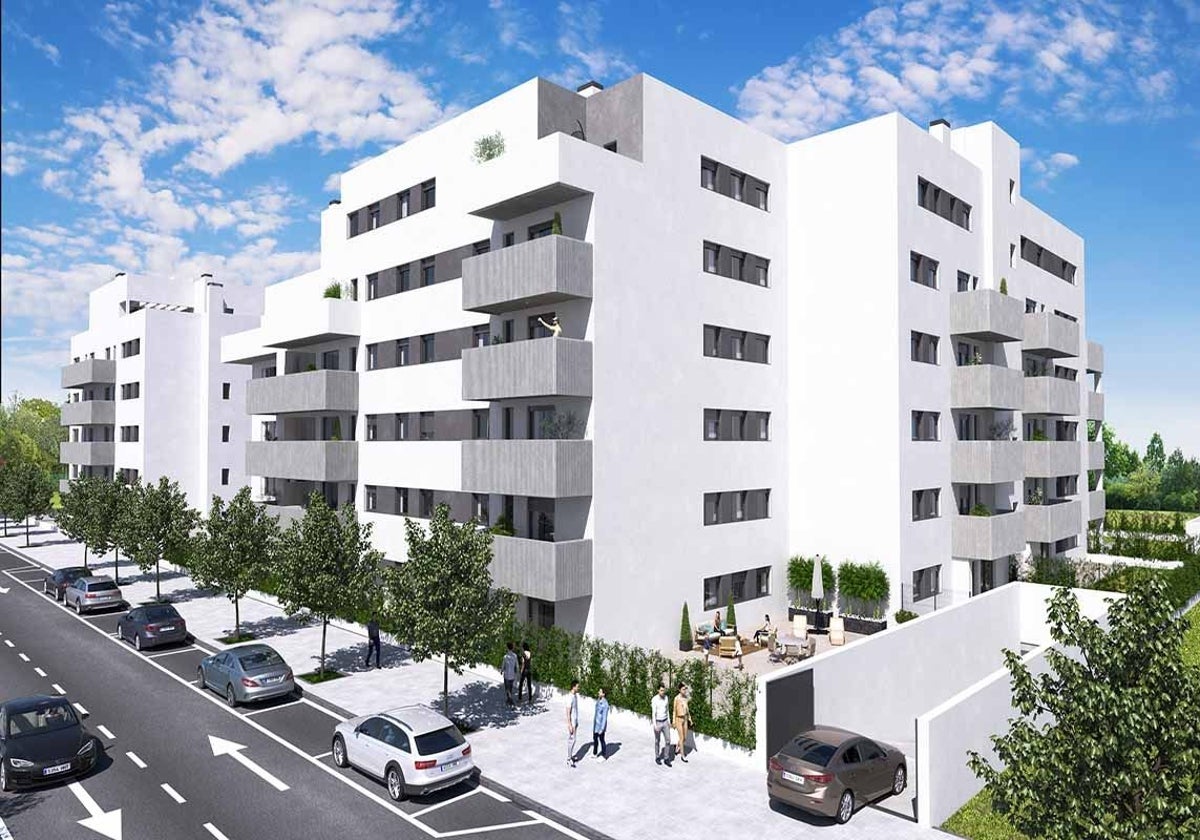 Recreación de las nuevas viviendas en la esquina de la calle Almendralejo con la calle Chaparro en Sevilla Este