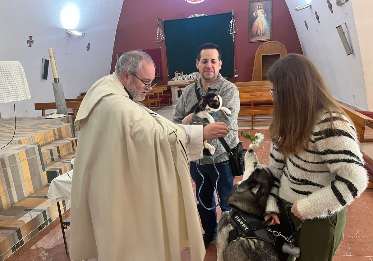 Bendición de la perrita Haru y la gata Tania en la parroquia de Nuestra Señora del Rocío