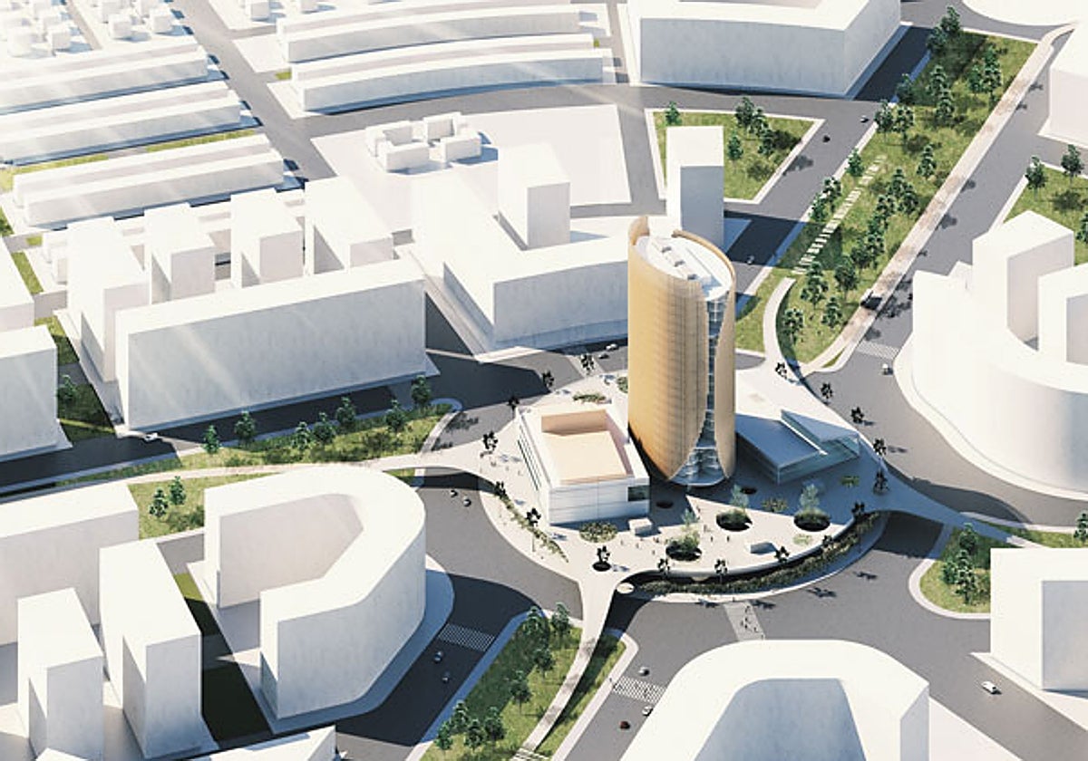 Recreación de la plaza Entrenúcleos que acogerá el 'rascacielos', coronado por un helipuerto
