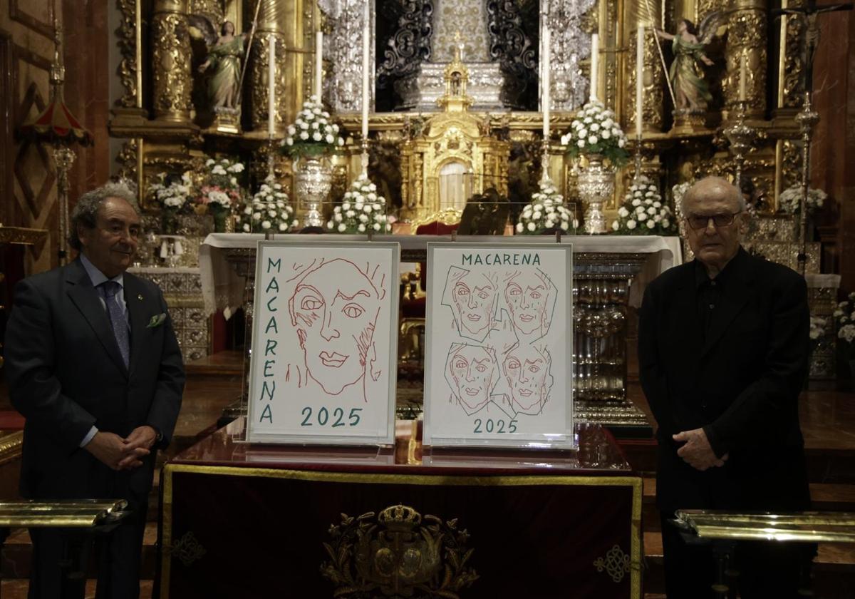 José Antonio Fernández Cabrero y Luis Gordillo, junto a los carteles de la Macarena que ha realizado el pintor sevillano