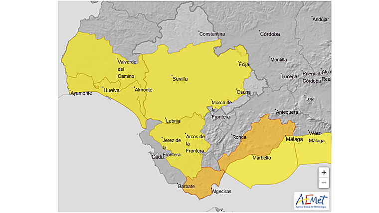 Mapa de la alerta amarilla activada en Sevilla por lluvias y tormentas