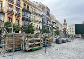 Llegan las estructuras de los palcos de la Semana Santa de Sevilla a la plaza de San Francisco