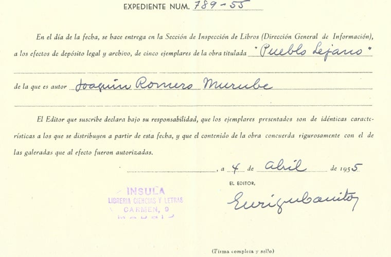 Recibo del depósito de cinco ejemplares del libro de Joaquín Romero Murube en la Dirección General de Información