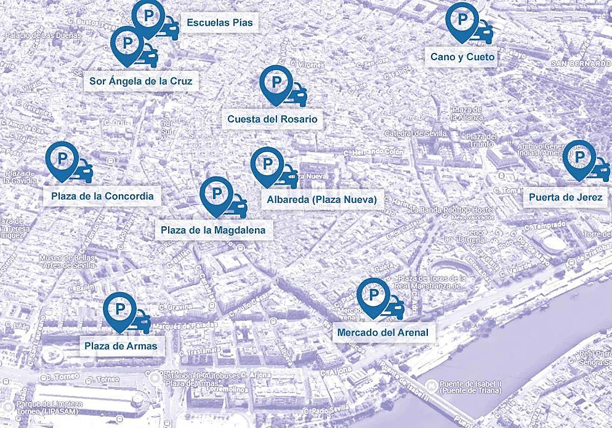 Aparcamientos rotarios situados en las calles del Casco Antiguo de Sevilla