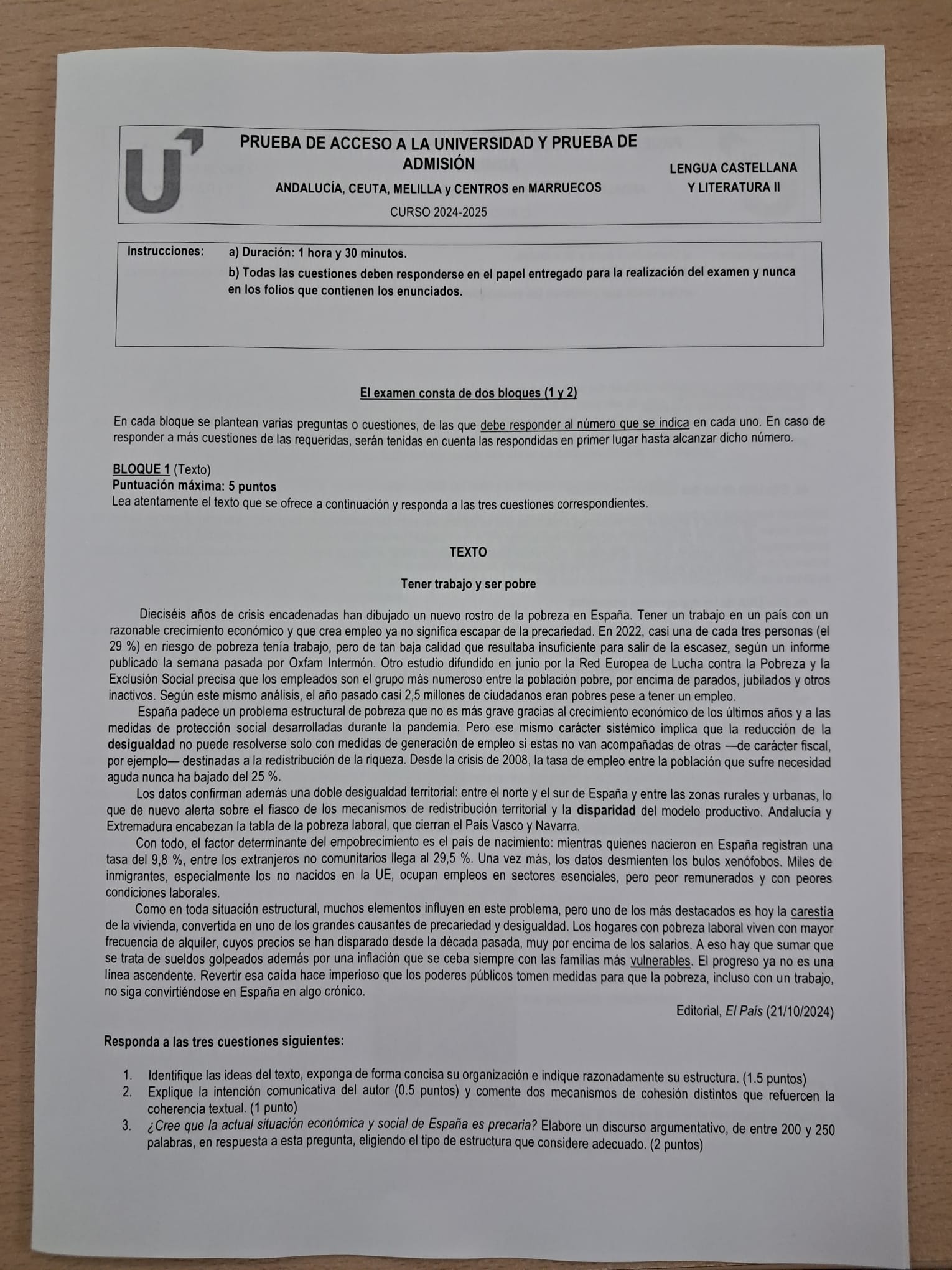 Un texto sobre «tener trabajo y ser pobre» en el examen de Lengua y Literatura de Selectividad