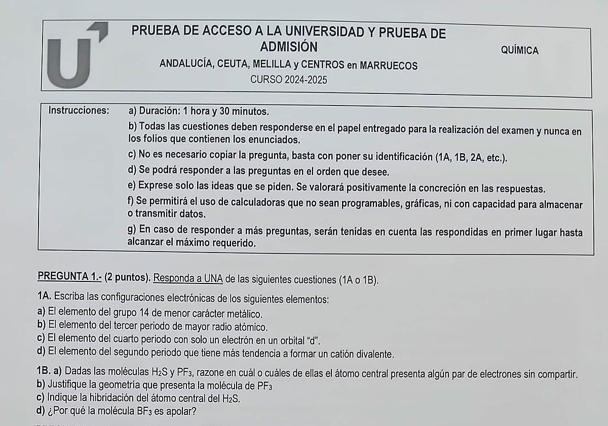 Así ha sido el examen de Química en la Selectividad 2025 en Andalucía