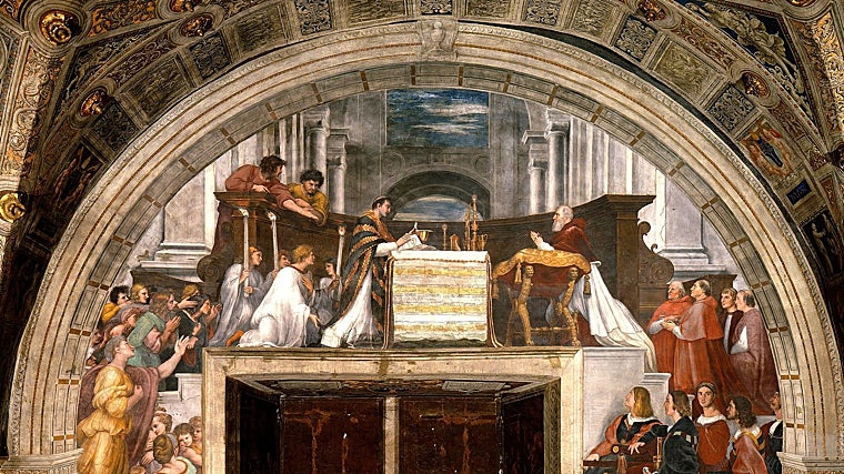 La misa de Bolsena, de Rafael (1512). Fresco de las Estancias Vaticanas (Roma) que representa el milagro eucarístico de 1263, origen de la festividad del Corpus Christi instituida por el papa Urbano IV.