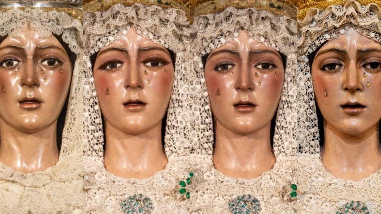 De izquierda a derecha, las cuatro caras de la Macarena: desde antes de ser intervenida, con un tono más oscuro, el aspecto que mostraba el sábado 21 por la mañana, con las pestañas largas, el que tomaba por la tarde ya sin tantas pestañas y la última, el que ahora posee