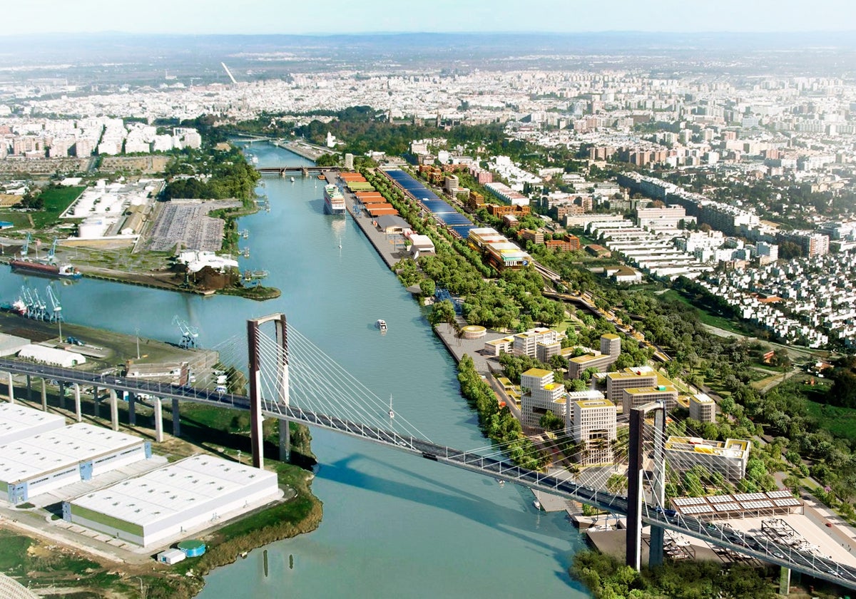 Recreación del Distrito Portuario con los nuevos edificios de oficinas enl a zona sur