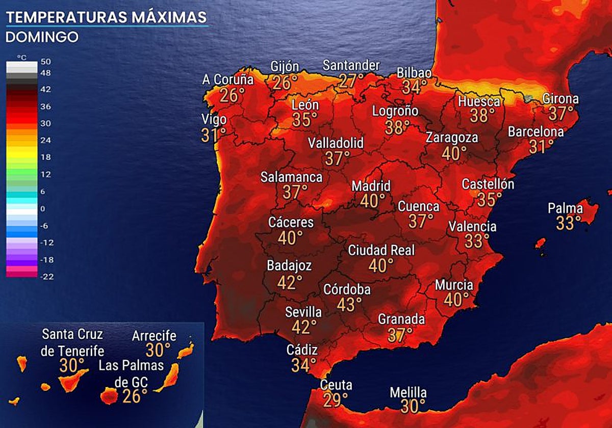 Temperaturas máximas previstas para este domingo
