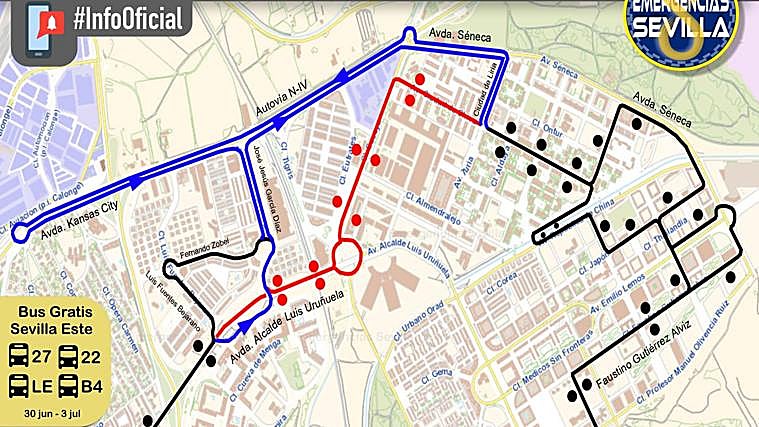 En azul los recorridos alternativos, en rojo los recorridos y las paradas suprimdias y en negro, el recorrido habitual