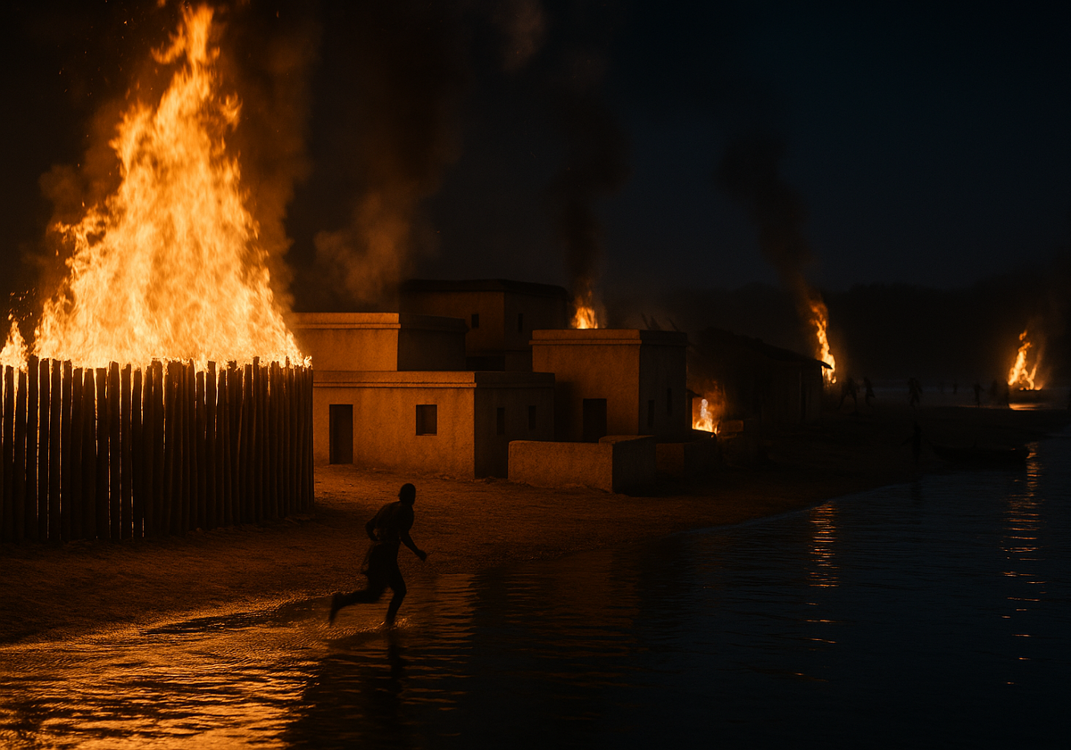 Recreación del incendio de Sevilla en época cartaginesa, posiblemente ligado a la consolidación del control cartaginés en el valle del Guadalquivir