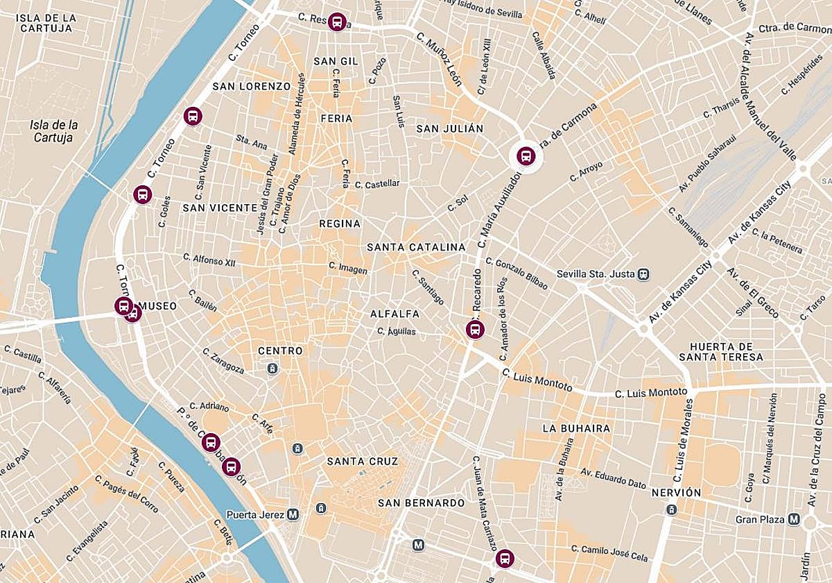 Mapa donde se sitúan las cámaras de los carriles bus-taxi