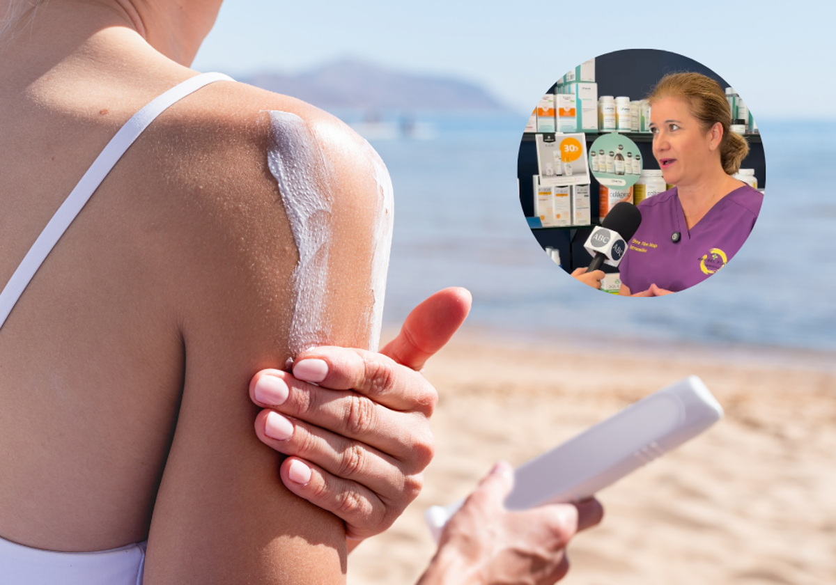 Al fondo, una mujer se aplica crema solar en la playa; arriba a la derecha, la farmacéutica Elena Pérez