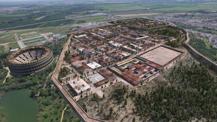Recreación virtual de la Itálica imperial con el anfiteatro y la ciudad expandida en primer plano y al fondo entre muralla la vetus urbe original. Imagen: Ingeniería Romana (La 2)