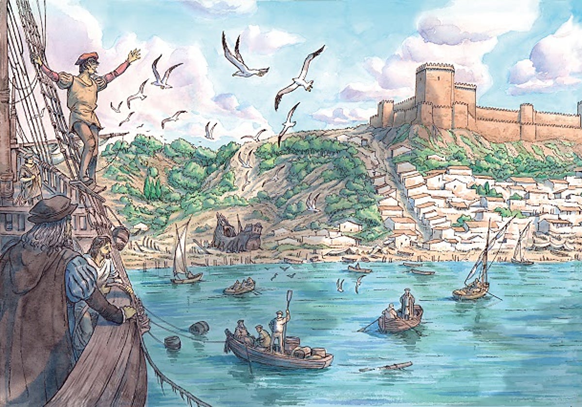 Recreación de Sanlúcar de Barrameda desde el mar en 1519, obra del ilustrador Arturo Redondo