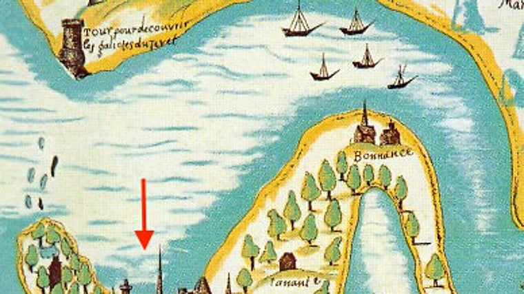 Carta náutica de la desembocadura del Guadalquivir realizada en 1599 por Samuel de Champlain, fundador de Quebec. Se aprecian Sanlúcar de Barrameda, Chipiona y el fondeadero de Bonanza, junto a las salinas que tanto llamaron la atención al cartógrafo francés. En rojo aparece señalada la antigua bahía sanluqueña, hoy desaparecida por la colmatación de sedimentos.