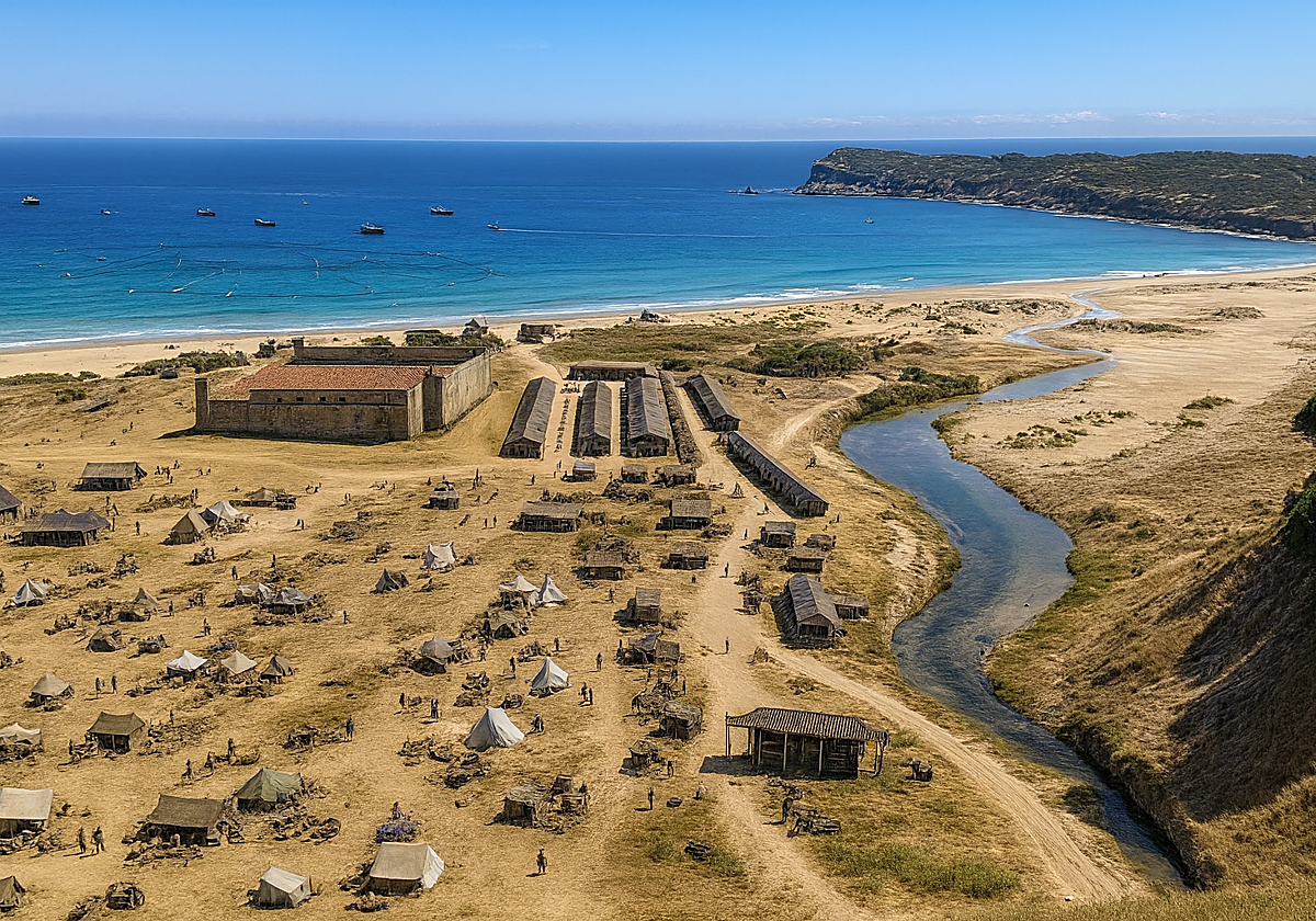Recreación de Zahara de los Atunes en torno a 1580, en la misma época en la que la debió conocer Miguel de Cervantes. Se aprecian los campamentos y tiendas de los almadraberos provenientes de Sevilla -la mayoría de la Cárcel Real-, las construcciones del Duque de Medina Sidonia, la chanca -aún existente- y los barcos de la almadraba. A la derecha el Río Cachón y los acantilados de la Breña
