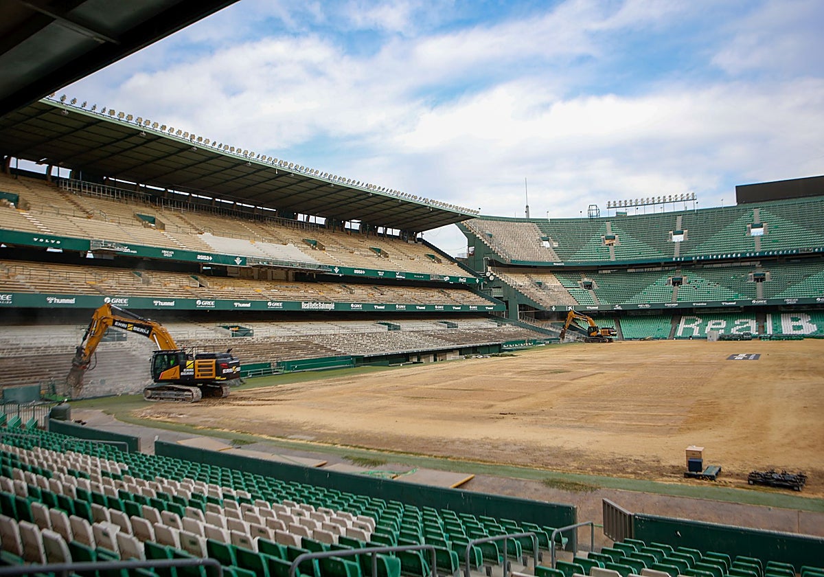 El conocido 'diplodocus' derribando este martes la grada de Preferencia del Villamarín