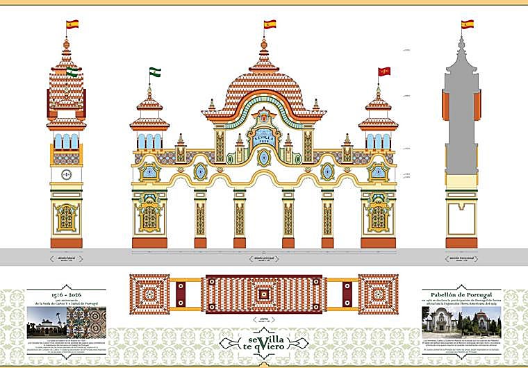 La portada de la Feria de Abril de Sevilla 2026 fusiona el Pabellón de Portugal y el Cenador de Carlos V del Alcázar