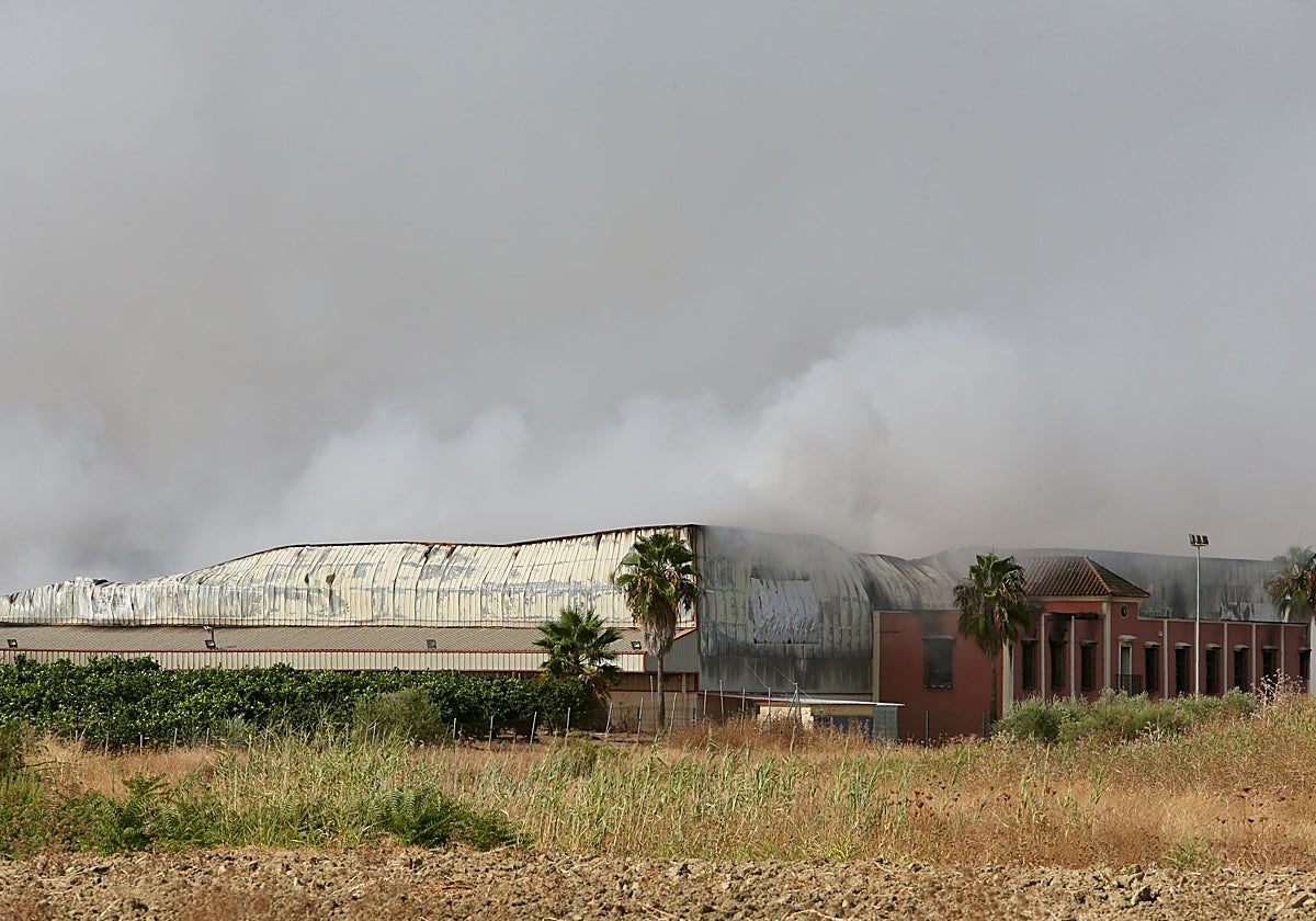 Estado de la nave afectada por el incendio del pasado martes en Burguillos