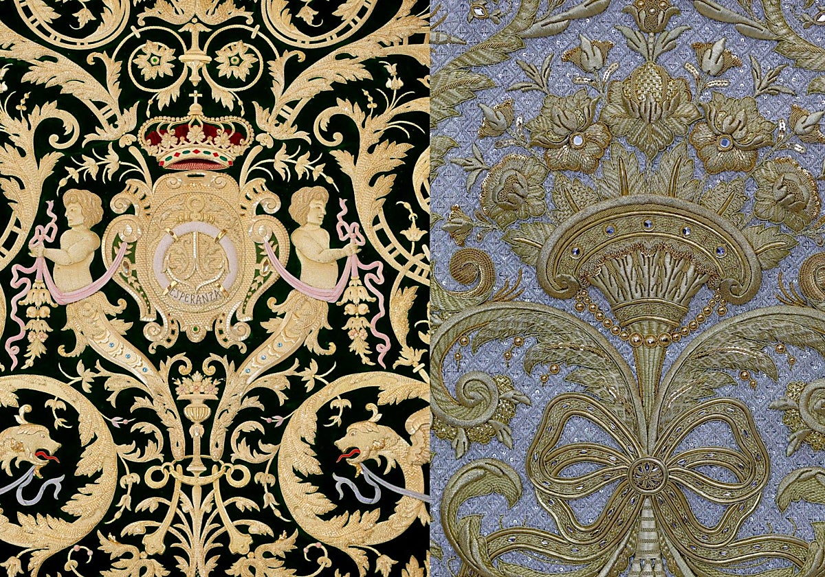 A la izquierda, el manto verde ejecutado en el taller de Pepi Maya bajo diseño de Sánchez de los Reyes; a la derecha, la saya que diseñara Gonzalo Navarro y confeccionara el taller de Manuel Solano, en Morón