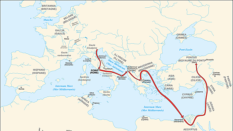 Ruta de las campañas de Julio César durante la guerra civil hasta su victoria en Oriente. Tras cruzar el Rubicón en el 49 a. C., avanzó por Italia y embarcó en Brundisium rumbo a Grecia, donde derrotó a Pompeyo en Farsalia. Después viajó a Egipto, donde intervino en la guerra dinástica entre Ptolomeo XIII y Cleopatra VII, y emprendió una fulgurante campaña en el Ponto, donde derrotó a Farnaces II en Zela (47 a. C.), resumiendo la victoria con su célebre frase Veni, vidi, vici —«llegué, vi, vencí»—