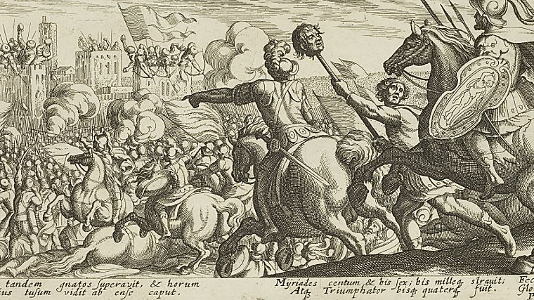 La batalla de Munda (grabado de Matthäus Merian, ca. 1625). Representación barroca del último enfrentamiento de Julio César, librado en la Bética en el 45 a. C., que puso fin a la guerra civil y a la República romana