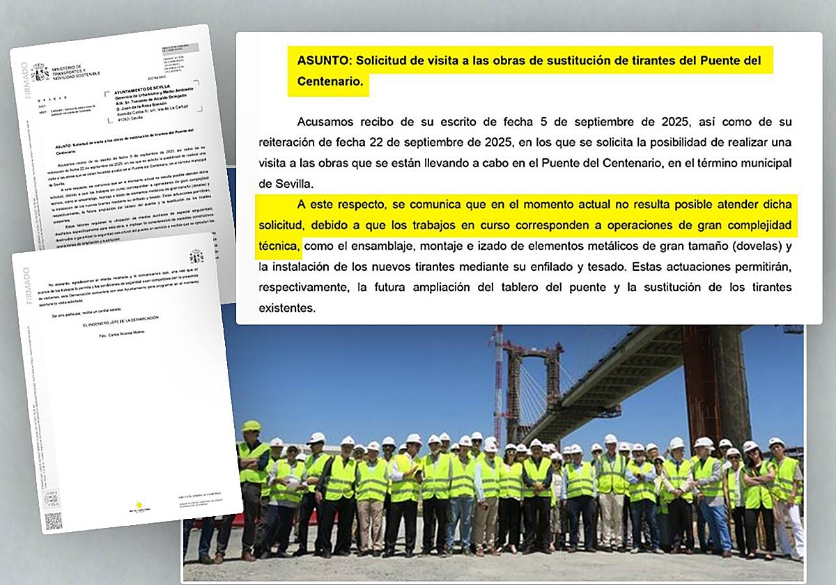 Montaje con el medio centenar de ingenieros de caminos que pudieron visitar las obras del puente el pasado mes de julio y la carta de Demarcación de Carreteras denegando la visita al alcalde