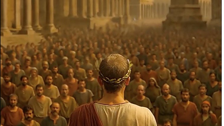 Recreación del discurso de Julio César en la primavera del 45 a. C. en el foro de Hispalis, ante una población que recibió sus reproches por haber apoyado al bando pompeyano. Poco después, la ciudad adoptaría el prefijo de la gens Julia, convirtiéndose en Colonia Iulia Romula Hispalis