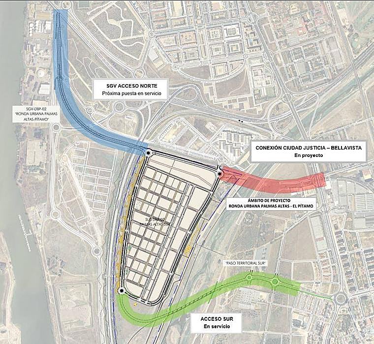 Plano con los nuevos sistemas viarios previstos al sector de Palmas Altas sur donde de construye un nuevo desarrollo residencial