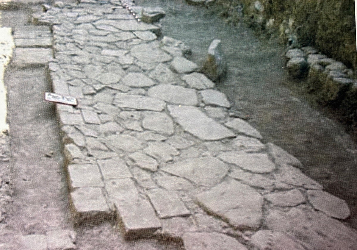 Imagen de la calzada romana hallada en los Jardines del Cristina en 2003 y destruida para las obras del aparcamiento subterráneo. Foto: M. N. Camiña y F. E. Gamarra, en la publicación «Sevilla Arqueológica»