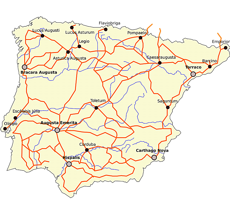 Mapa de las calzadas en la Hispania romana recogidas en el Itinerario de Antonino.
