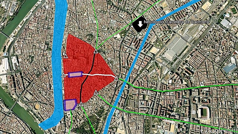 Mapa del perímetro urbano de la Sevilla altoimperial con la reconstrucción aproximada de las calzadas romanas que partían de Hispalis. En azul, el paleocauce y el Tagarete; en rojo, el recinto aproximado de la ciudad romana; en verde, las calzadas como la del Sol–Carretera de Carmona con la ubicación de una de las necrópolis tardorromana. Elaboración del autor