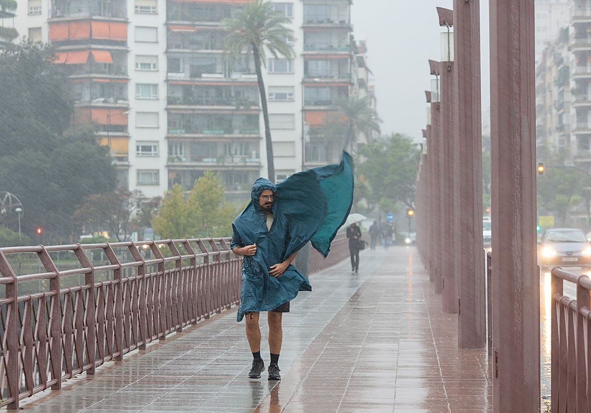 Un sevillano cruza el puente de San Telmo en plena virulencia del temporal de lluvia