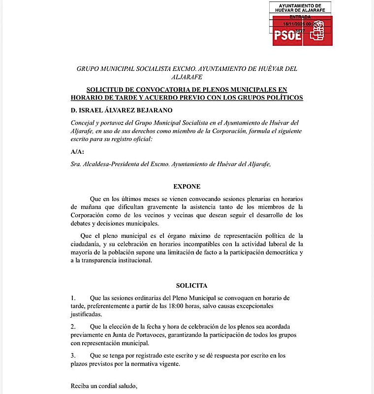 La solicitud de convocatoria del cambio de horario en los plenos municipales a propuesta del PSOE de Húevar