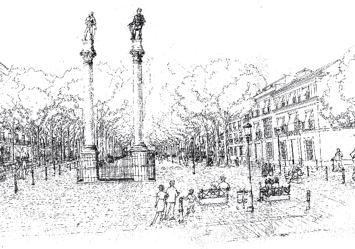 La recreación de la Alameda de Hércules que decorará una de las vallas de la Plaza Nueva