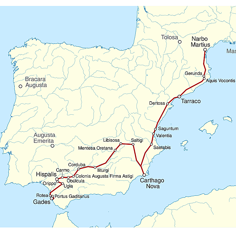Itinerario de la denominada Via Augusta, de Gades hasta Roma en Hispania