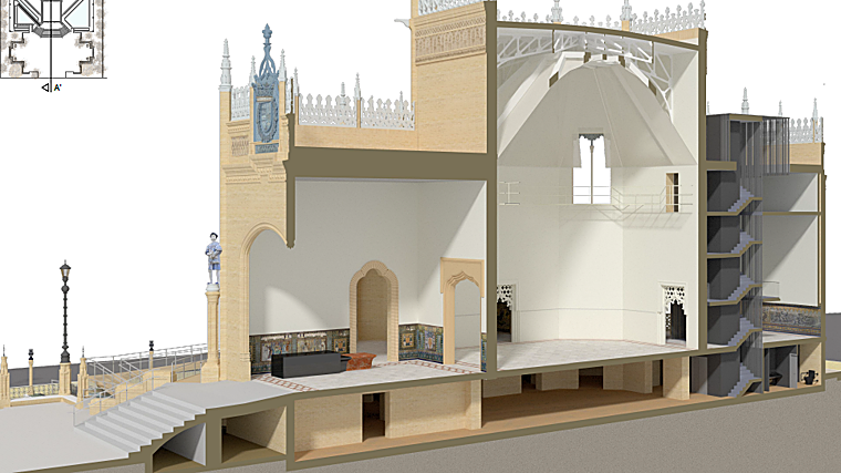 Sección longitudinal de la propuesta de adecuación del interior del Pabellón Real como Museo de Aníbal González