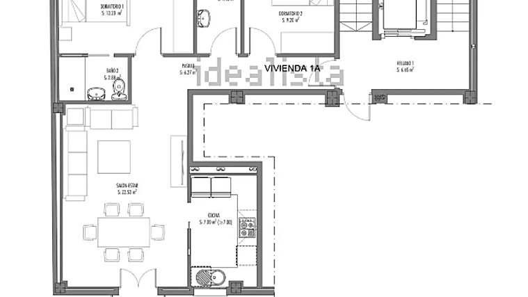 Plano de una de las dos viviendas con dos habitaciones en Bellavista