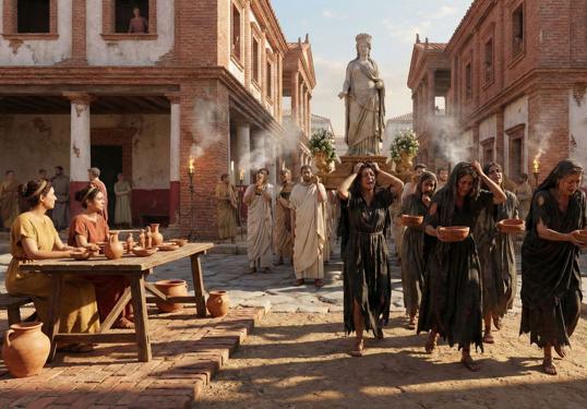 Recreación de la procesión de la diosa Salambona y las plañideras del cortejo junto al puesto de alfarería de las hermanas Justa y Rufina